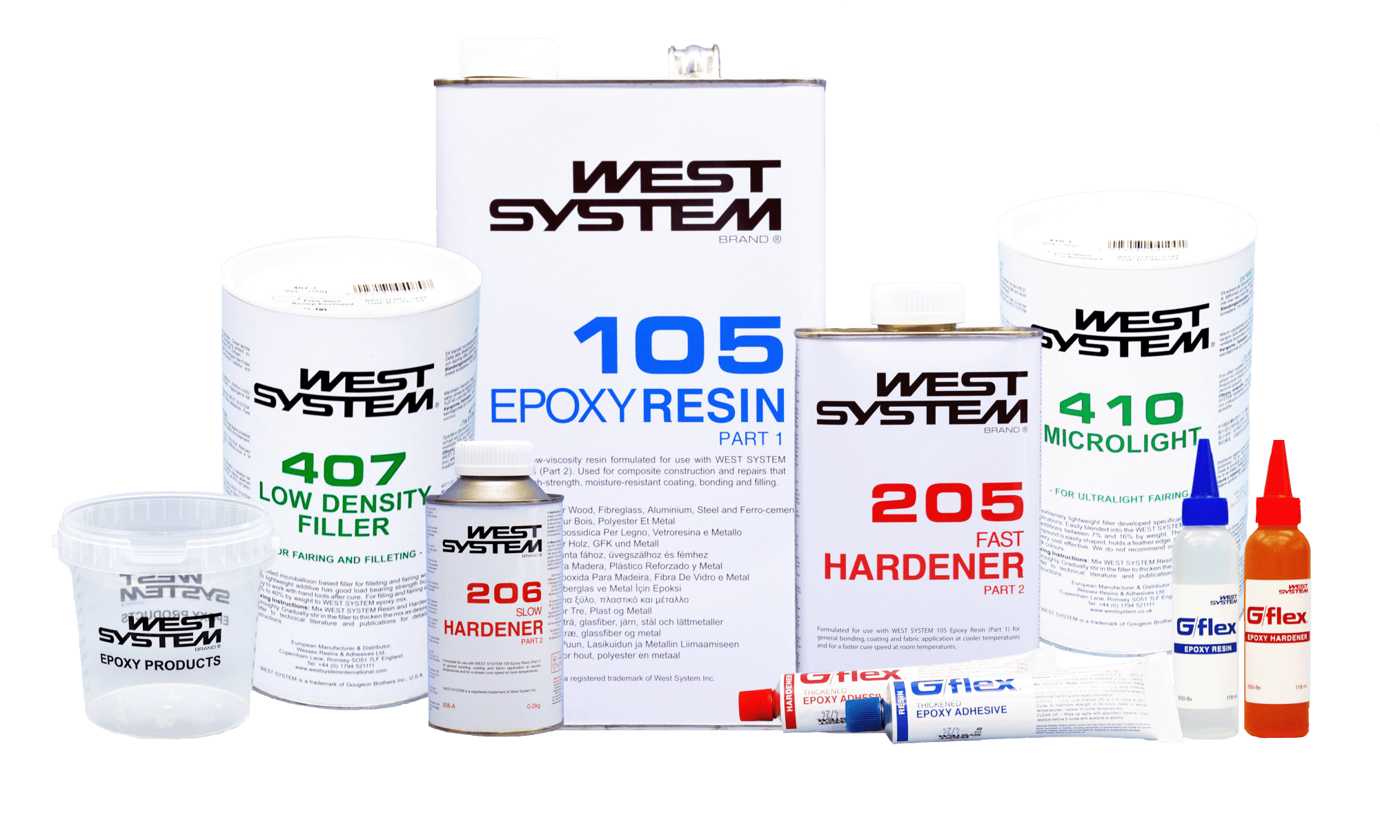 An Assortment of different WEST SYSTEM Epoxy products together on one surface